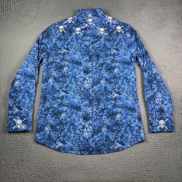 Rock Roll n Soul Shirt Mens L Blue Floral Pearl Snap Western Skull Flip Cuff - Picture 6 of 9